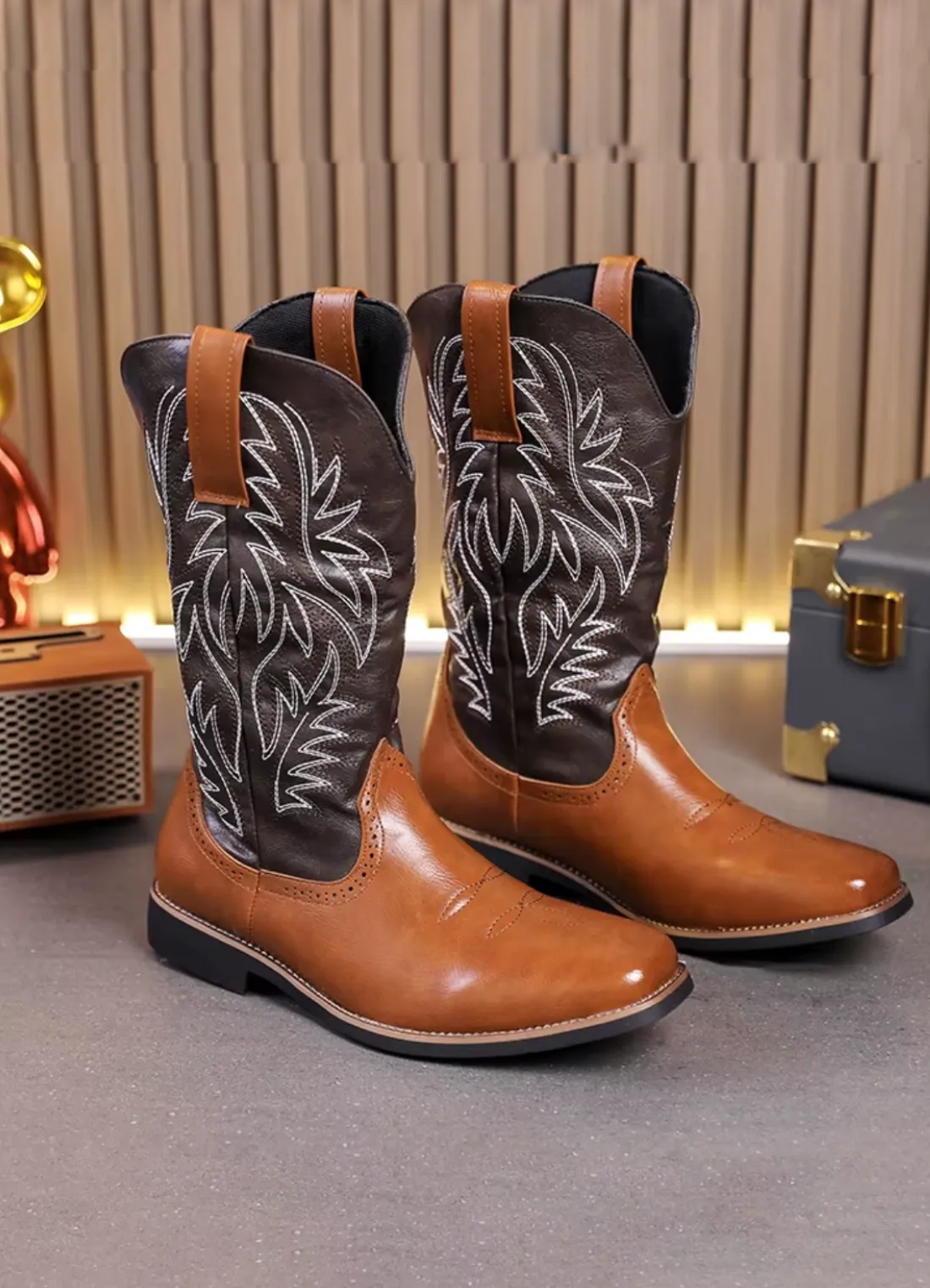 Men’s Fashion High Top Western Style Boot with Embroidered Design