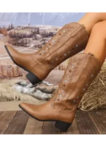 Retro Star Embroidered Square Heel Western Boots for Women