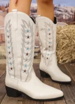 Retro Star Embroidered Square Heel Western Boots for Women