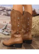 Retro Star Embroidered Square Heel Western Boots for Women