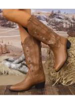 Retro Star Embroidered Square Heel Western Boots for Women