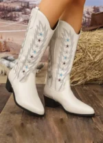 Retro Star Embroidered Square Heel Western Boots for Women